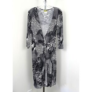 Acorn Wrap Front V-neck 3/4 Sleeve Black White Print Dress Large